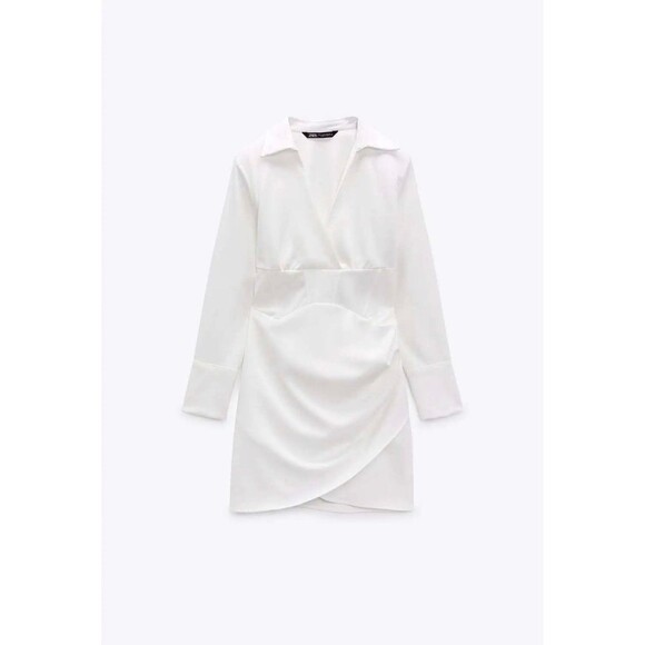 Zara Oyster White Lapel Collar Side Ruched Corset Waist Faux Wrap Mini Dress XS - Picture 4 of 12